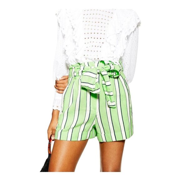 NWT Topshop Green Stripe paper bag Shorts, size 2 - Picture 1 of 8